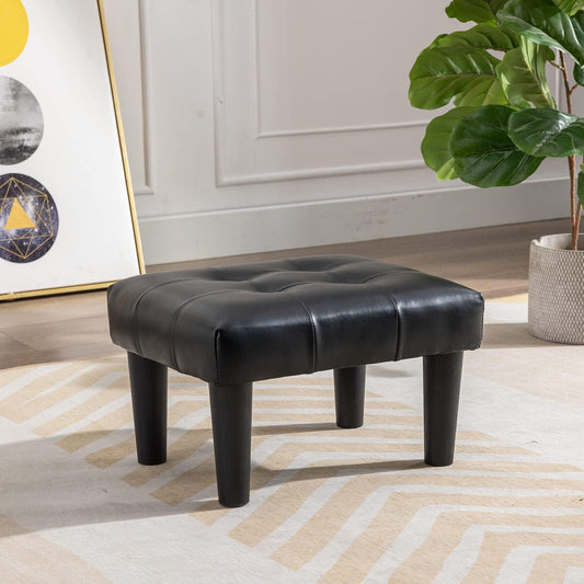 Durfii Small Footstool Ottoman, Faux Leather Wooden Foot Stool Ottoman, Perfect for Living Room, Bedroom, Entryway or Office Seating (Leather Black,1PCS)