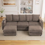 110" Oversized Cloud Couch U Shaped Modular Sectional Sofa L Shaped Sectional Couches for Living Room Comfy Corduroy Cloud Sofa with Ottoman, USB Port, Cup Holder, Armrest Storage, Side Pocket, Brown ONEMMLION