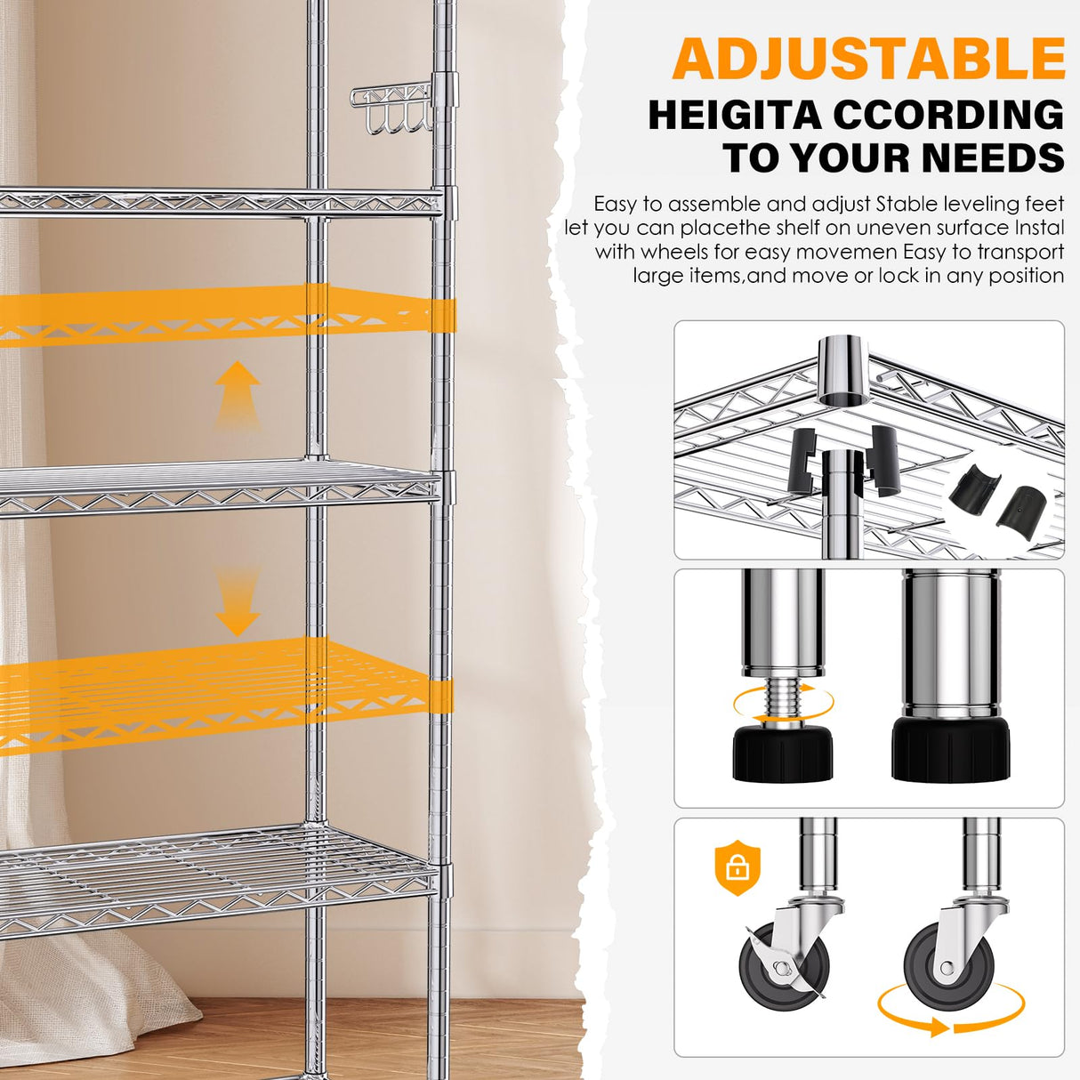 YNN Storage Shelves,1750Lbs 5 Tier Heavy Duty Metal Rolling Shelving Unit with Wheels & 8 Hooks, Adjustable Garage Wire Rack for Kitchen, Bathroom,Industrial,Pantry(36" W x 14" D x 72" H, Chrome) YNN