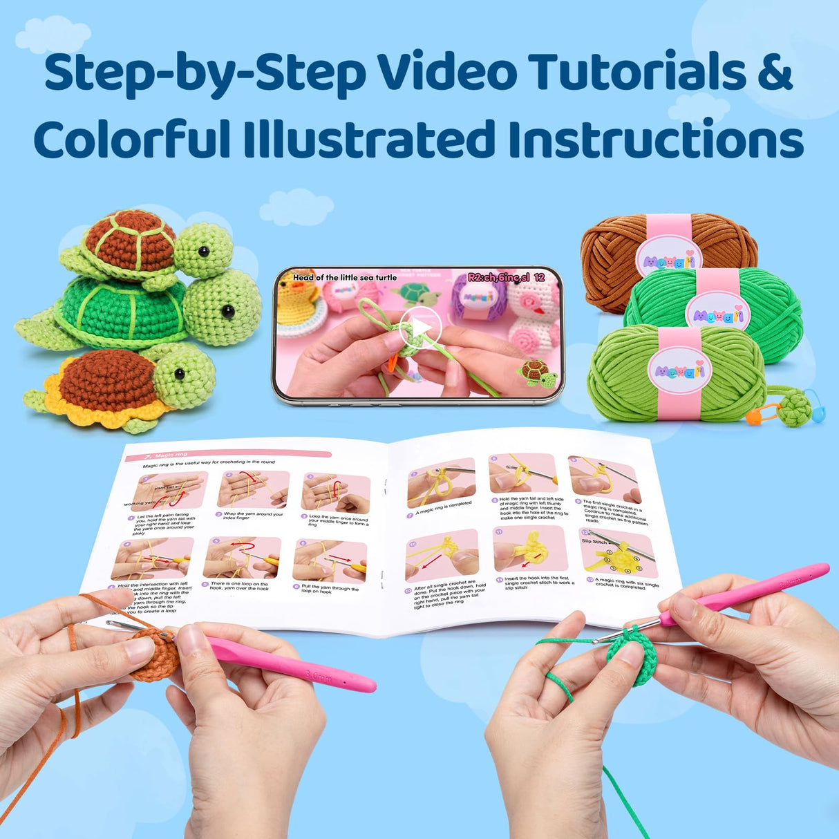 Mewaii Beginner Crochet Kit with 40% Extra Yarn, Pre-Started Yarn & Video Tutorials - 3 Sea Turtles Craft Set for Adults & Kids Mewaii
