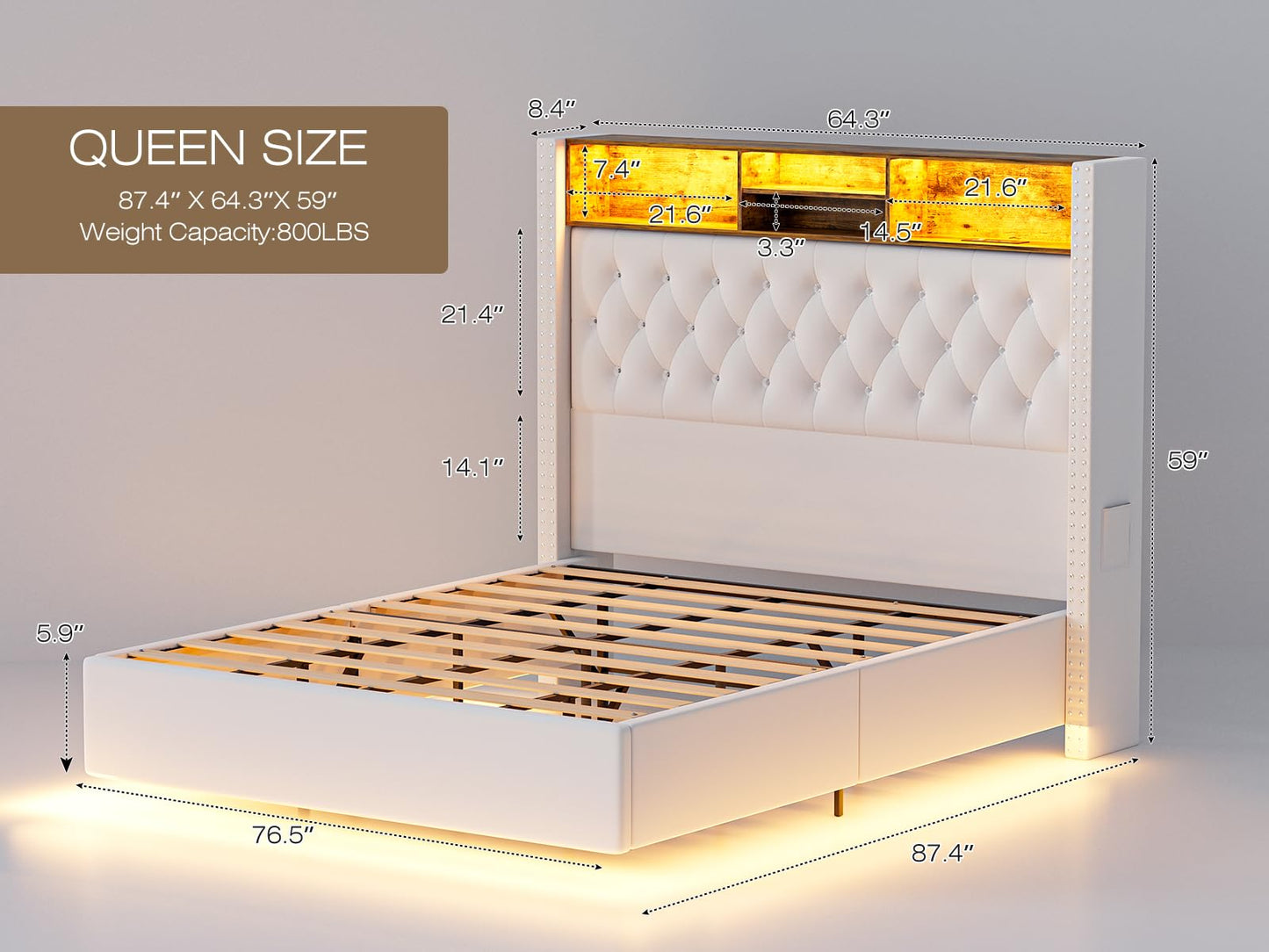 Floating Queen Size Bed Frame with Velvet Upholstery, Storage Headboard & LED Lights by CIKUNASI - WoodArtSupply