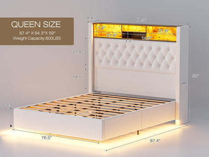 Floating Queen Size Bed Frame with Velvet Upholstery, Storage Headboard & LED Lights by CIKUNASI - WoodArtSupply