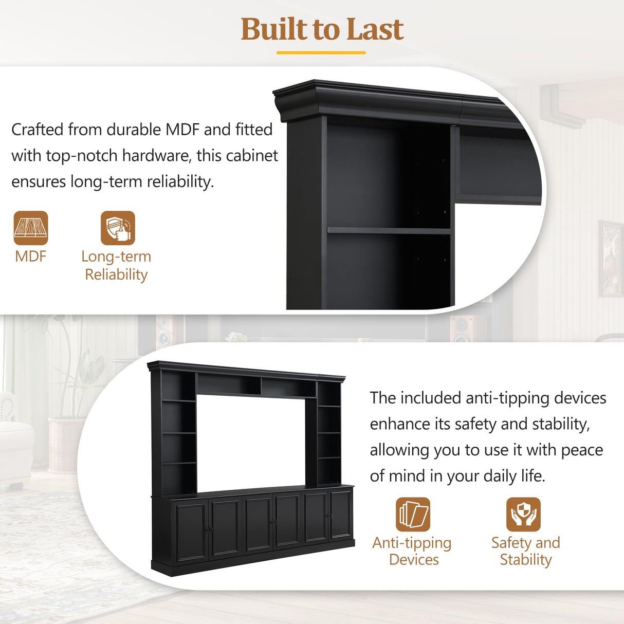 97.4"W Elegant 4-Piece Wall Unit Entertainment Center with Bookshelf for TVs Up to 70", Versatile TV Stand with Adjustable Shelf and Bridge, Mid-Century Media Console for Living Room (Black/TV) Hlcodca