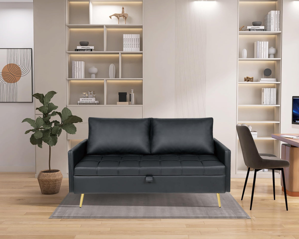 LINLUX 60" W Black Leather Couch with Storage, Loveseat Sofa Couches for Living Room, Bedroom, Office, Dorm, Comfy Cushion, 2 USB Charging Ports LINLUX