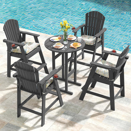 Sundale Outdoor 5 Pieces Adirondack Bar Set, Patio Counter Height Adirondack Chairs Set of 4 and Round Table, High Top HDPE Stools and Pub Table, Tall Bistro Dining Furniture Set for 4, Gray Sundale Outdoor