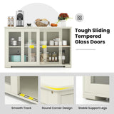 COSTWAY Buffet Sideboard with Storage, 2-Door Floor Cupboard with Sliding Tempered Glass Cabinet & Adjustable Shelf, Stackable Storage Cabinet for Kitchen, Entryway (White) COSTWAY
