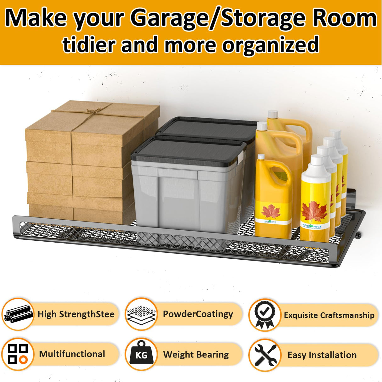 BABKAS 2 Pack Garage Wall Shelving, Metal Garage Wall Shelf with 4 Hooks, Heavy Duty Wall Shelves Mounted for Garage Storage, Laundry Room, Closet and Kitchen | Holds Up to 80 Lbs | 16.5" x 12.2" BABKAS