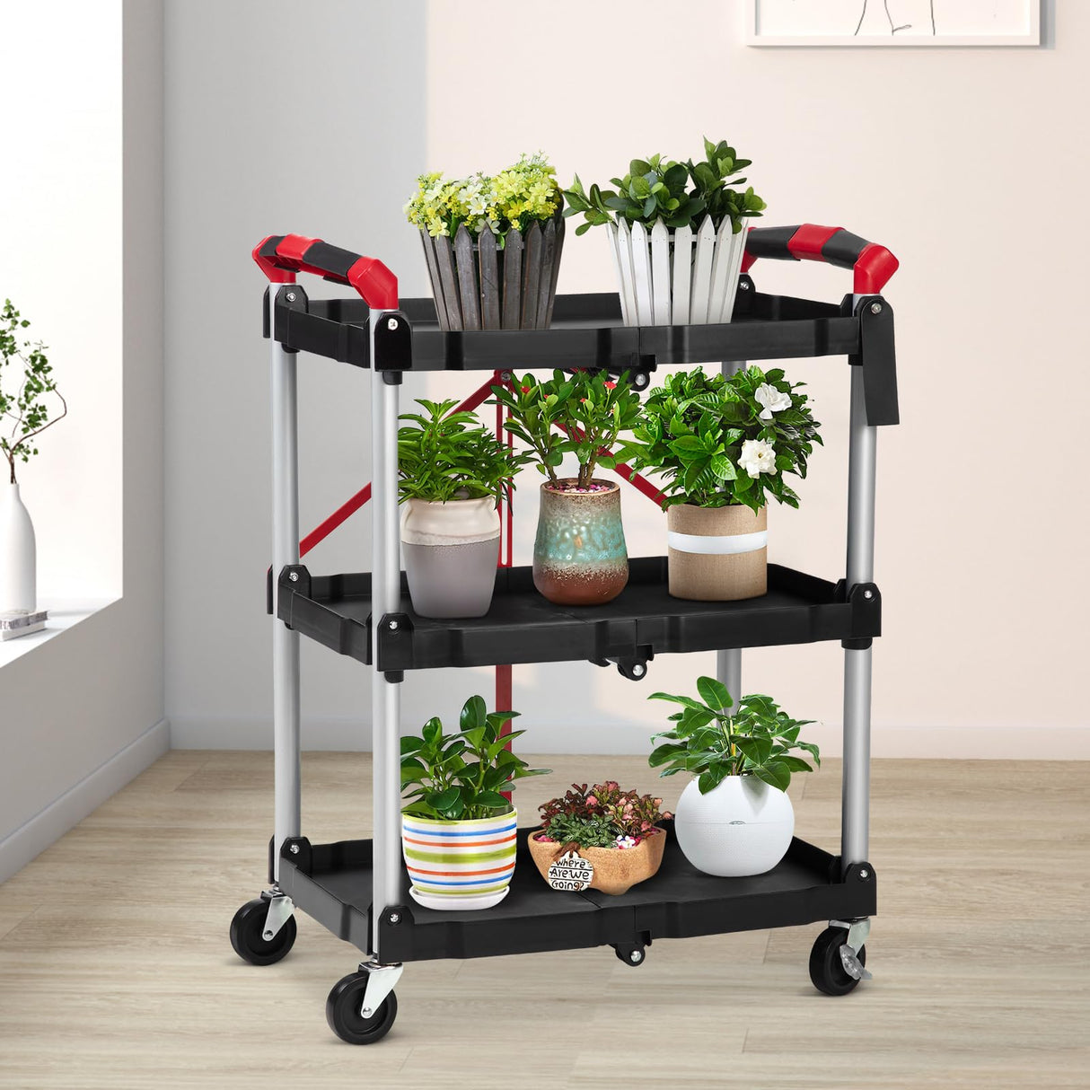 Foldable Utility Service Cart, 3 Shelf 168LBS Heavy Duty Plastic Rolling Cart with 360° Swivel Wheels (2 with Brakes), Ergonomic Handle, Portable Garage Tool Cart for Warehouse Office Home, Black PioneerWorks