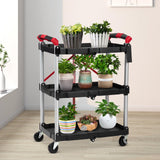 Foldable Utility Service Cart, 3 Shelf 168LBS Heavy Duty Plastic Rolling Cart with 360° Swivel Wheels (2 with Brakes), Ergonomic Handle, Portable Garage Tool Cart for Warehouse Office Home, Black PioneerWorks