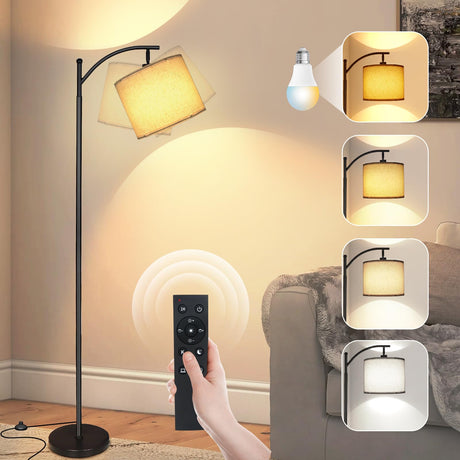 2025 LED Floor Lamps for Living Room, 12W 1200LM Modern Arc Floor Lamp with Remote & Adjustable Linen Lampshade, 12 Color Temperature Stepless Dimmable Tall Standing Lamp for Bedroom Office Reading mukuxin