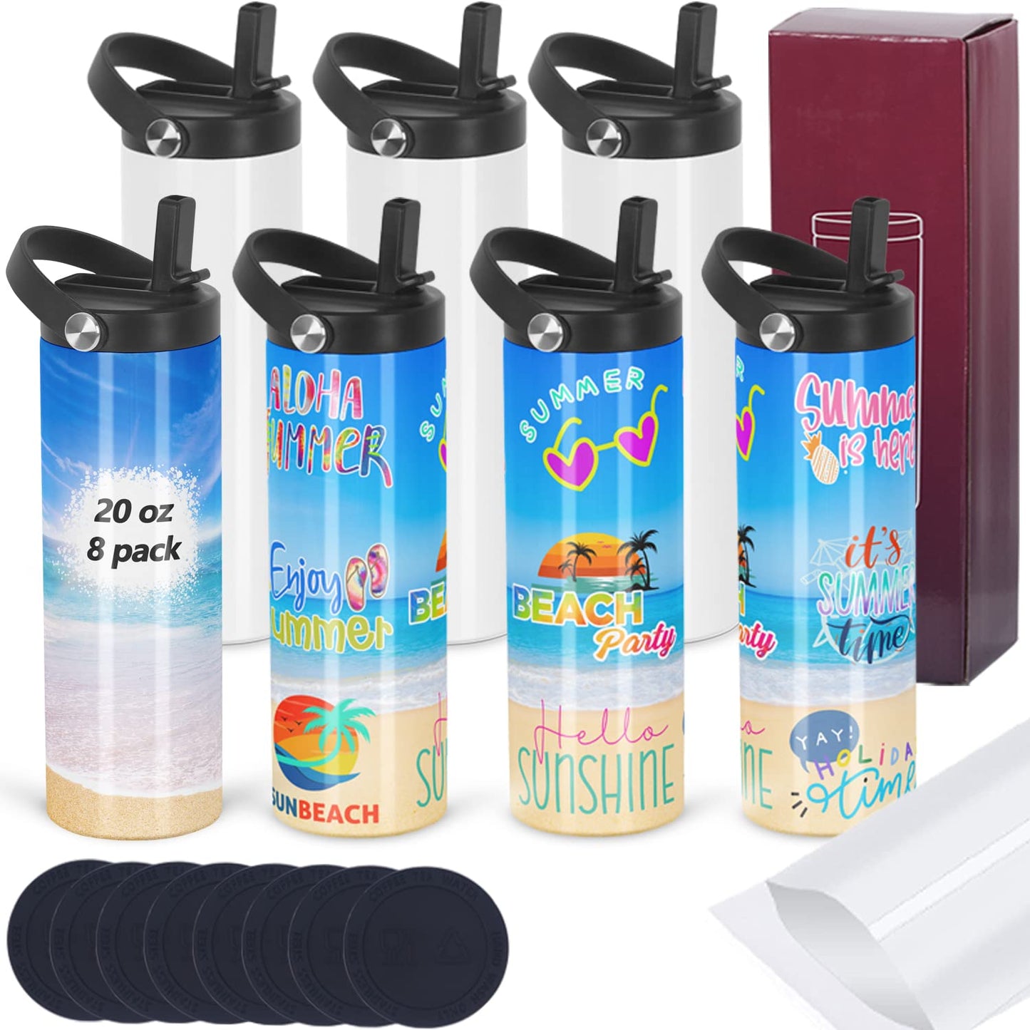 8 Pack Sublimation Tumbler Bulk 20oz Skinny Straight, Sublimation Sport Water Bottles Double Wall Stainless Steel Tumblers for Sublimation with Portable Handle, Individually Boxed