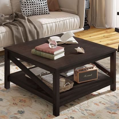 YITAHOME 2-tier Square Coffee Tables with Storage,Coffee Table for Living Room,Center Table Coffee Table for Home,Wood Living Room Table Industrial Small Farmhouse Cocktail Table, Espresso