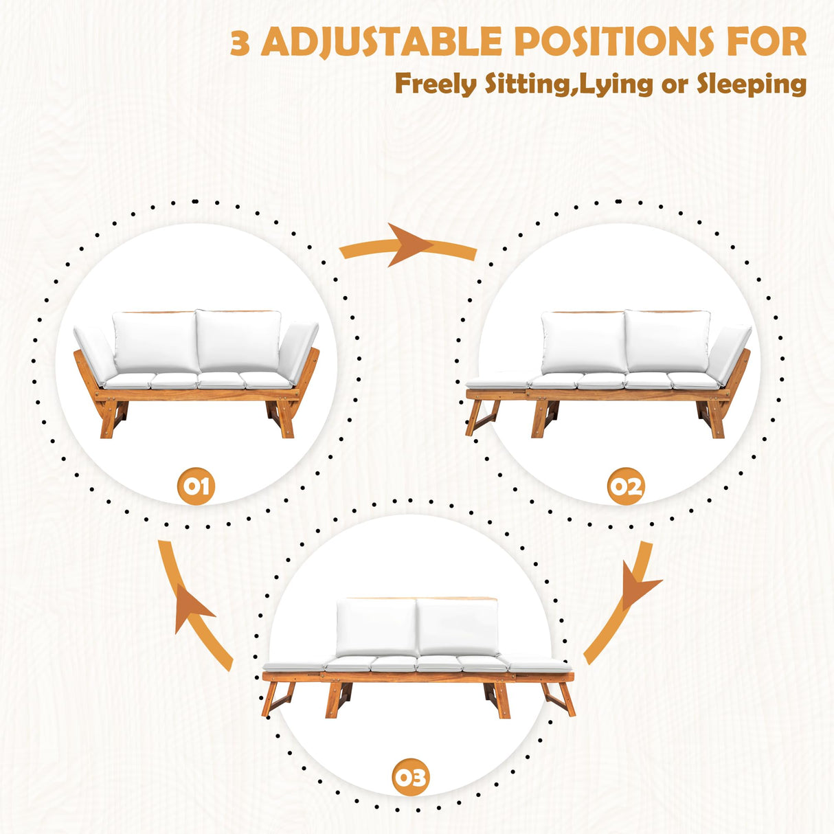 Greesum Patio Convertible Couch Sofa Bed with Adjustable Armrest, Acacia Wood Outdoor Daybed with Cushion & Pillow, Folding Chaise Lounge Bench for Porch Courtyard Poolside，White Greesum