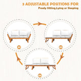 Greesum Patio Convertible Couch Sofa Bed with Adjustable Armrest, Acacia Wood Outdoor Daybed with Cushion & Pillow, Folding Chaise Lounge Bench for Porch Courtyard Poolside，White Greesum