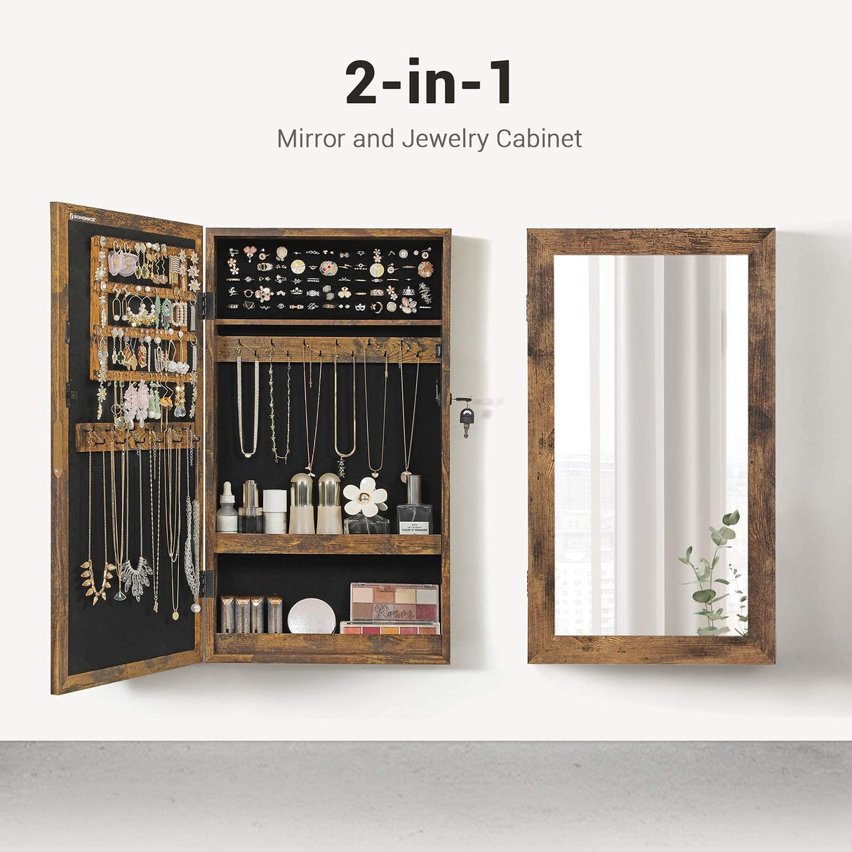 SONGMICS Lockable Jewelry Cabinet Armoire with Mirror, Wall-Mounted Space Saving Jewelry Storage Organizer, Rustic Brown UJJC051K01 SONGMICS