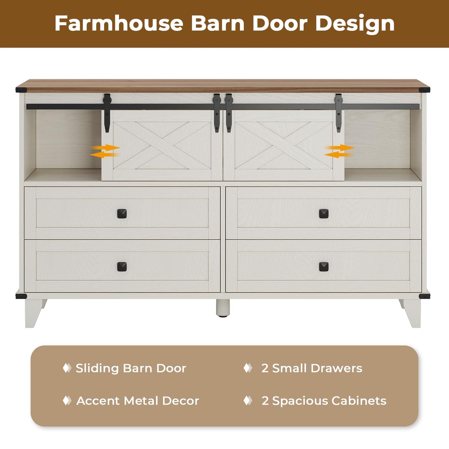 Hasuit Farmhouse 6 Drawers Dresser for Bedroom, Retro Chest of Drawers with Sliding Barn Door, Bedroom Long Storage Dressers Organizer, White - WoodArtSupply