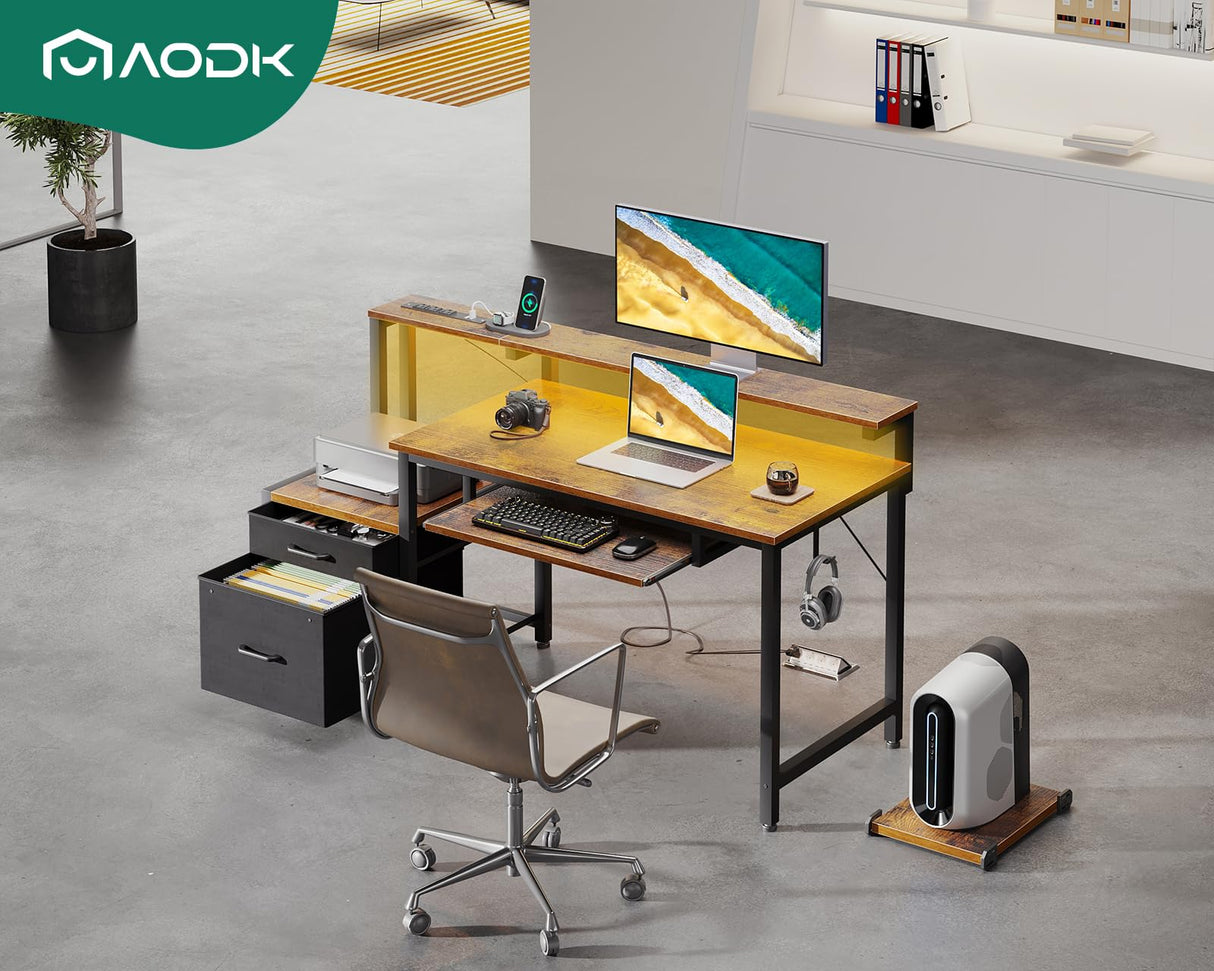 AODK 48" Computer Desk with Fabric File Cabinet and Drawer, Reversible Office Desk with Power Outlet and LED Light, Study Desk with Printer Stand, Keyboard Tray, Monitor Riser and PC Stand, Vintage AODK