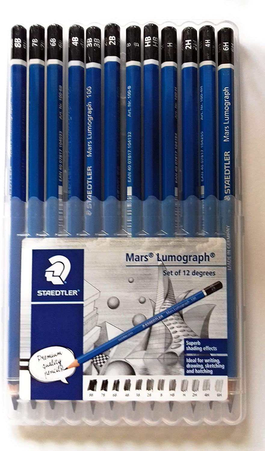 Staedtler Mars Lumograph Pencil Set – 12 Premium Graphite Drawing Pencils (6H-8B) with Sharpener & Dust-Free Eraser – Professional Sketching & Shading Kit for Artists, Designers & Students STAEDTLER