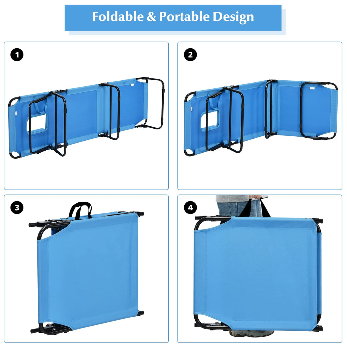 gotoplay Folding Beach Lounge Chair w/ 5 Adjutable Backrest & Padded Pillow, Sunbathing Lounger Chair, Sun Tanning Lay Flat Chair for Seaside Pool Deck, Max Load 330 LBS, No Assembly Required (Blue) gotoplay