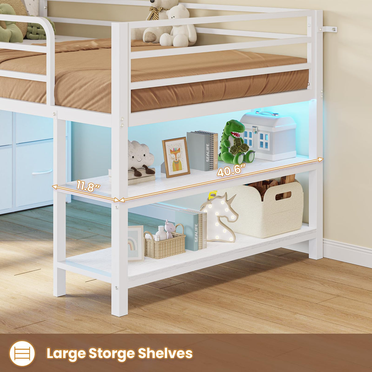 BTHFST Twin Size Low Loft Bed with 6 Fabric Storage Drawers, Metal Loft Bed Twin with LED Lights & Open Storage Shelves, 15" H Safety & Guardrail Stairs Loft Bed for Kids, White BTHFST