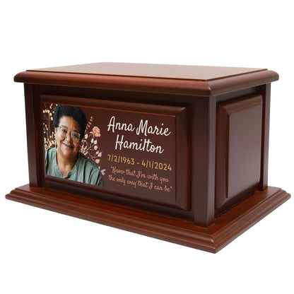 Personalized Solid Wood Human Urns for Ashes 250lbs, Custom Urn Box for Human Ashes, Large Burial and Cremation Urns for Ashes, Cherry Wood Color (Design 6) - WoodArtSupply