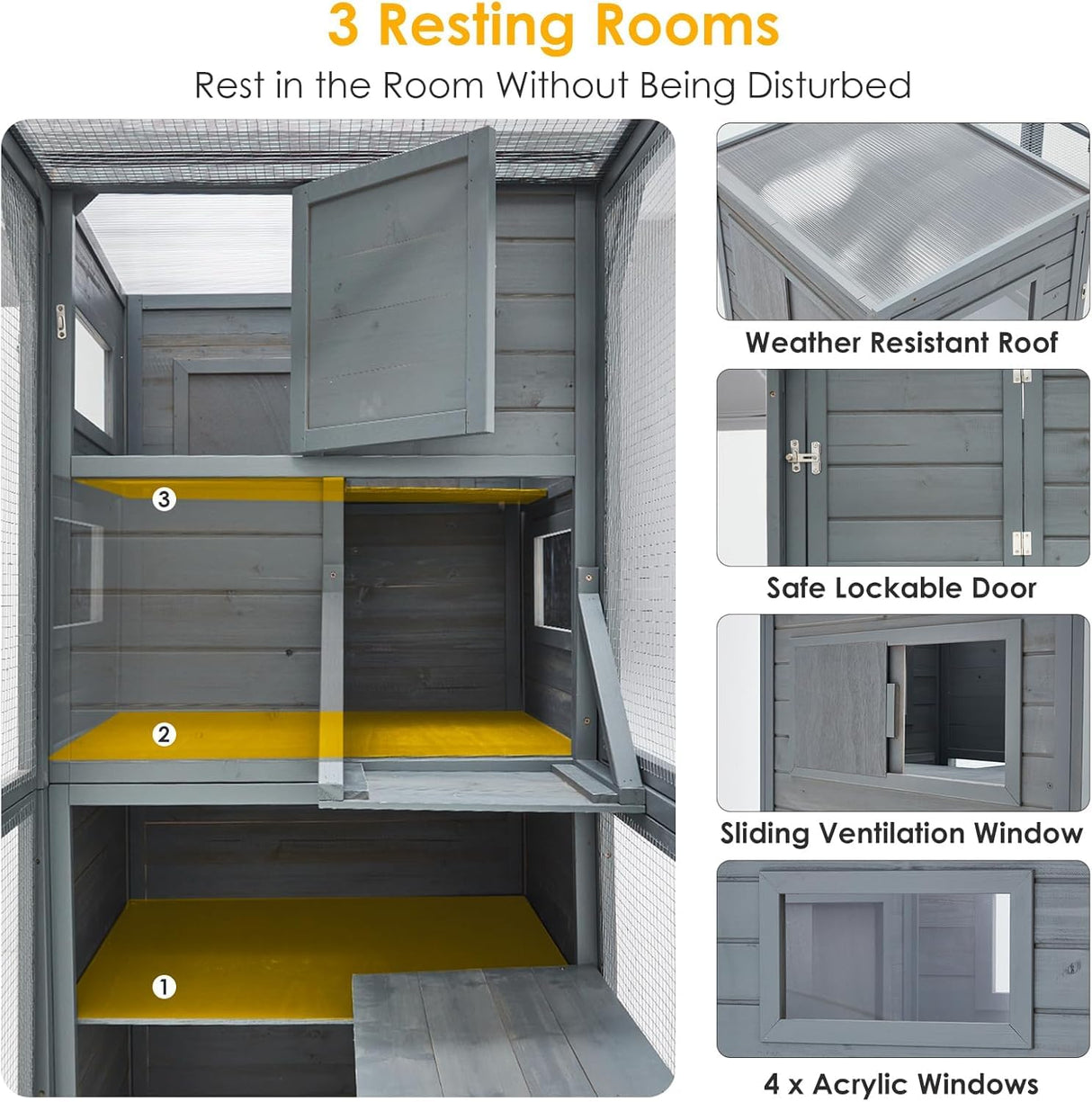 YDTOP Large Catio 4 Tiers Cat Enclosure House for Multiple Indoor Outdoor Cats with Weatherproof Roof, 4 Resting Rooms, 4 Platforms, 5 Windows, 70" H 32" W 77" L, Grey Green YDTOP