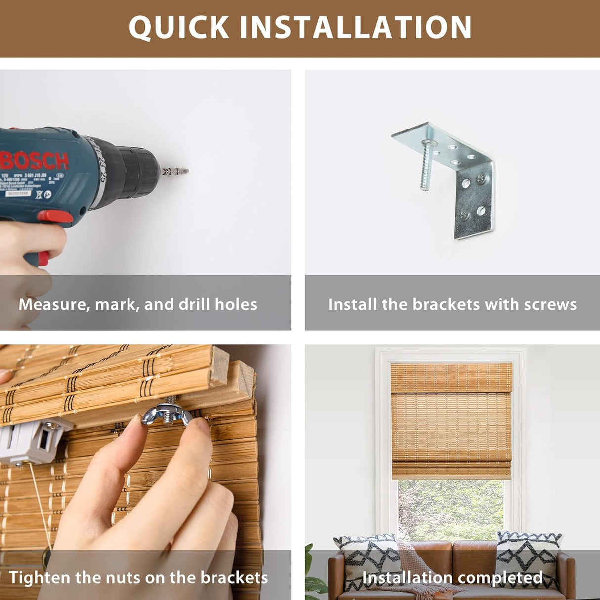 LazBlinds Cordless Bamboo Roman Shades, Privacy Blinds for Interior Windows, Room Darkening Roll Up Bamboo Blinds for Home & Patio, 52" W x 40" H, Privacy-Eastfield Teak LazBlinds