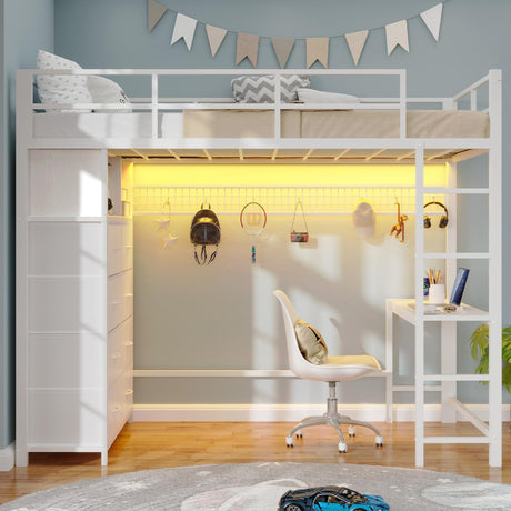 BTHFST Twin Loft Bed with Desk & 8 Storage Drawers Tall Dresser, White Metal Loft Bed with LED Lights & Charging Station, 2-Tier Storage Shelves, Stable & Sturdy, Noise Free, White BTHFST