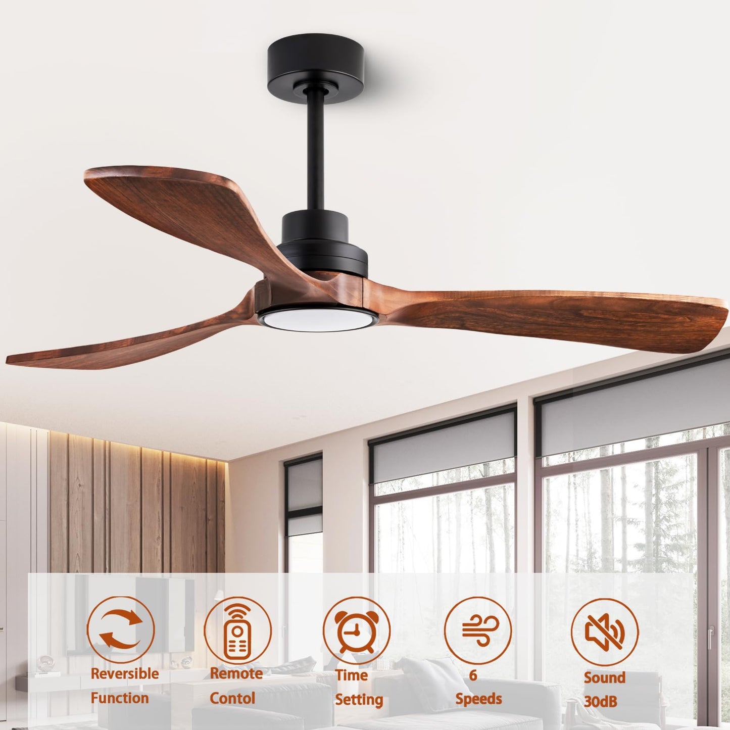 dearnow 52" Wood Ceiling fan, (with light with remote control) with 3 solid wood blades, wooden ceiling fan for indoor and outdoor use, suitable for living room, dining room, patio and more.