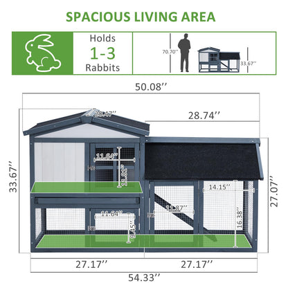 54in Wooden Rabbit Hutch, Outdoor Indoor Rabbit Cage Chicken Coop, Bunny Hutch Guinea Pig Pet House Bunny Cage with Side Runs, Weatherproof Roof, Removable Tray, Ramps for Small Animals