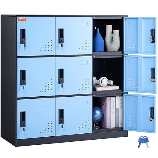 VEVOR Metal 9 Doors Cabinet with Card Slot, Employee Keys, 66lbs Loading Capacity Storage Lockers for Office, Home, School, Gym, Black-Blue - WoodArtSupply