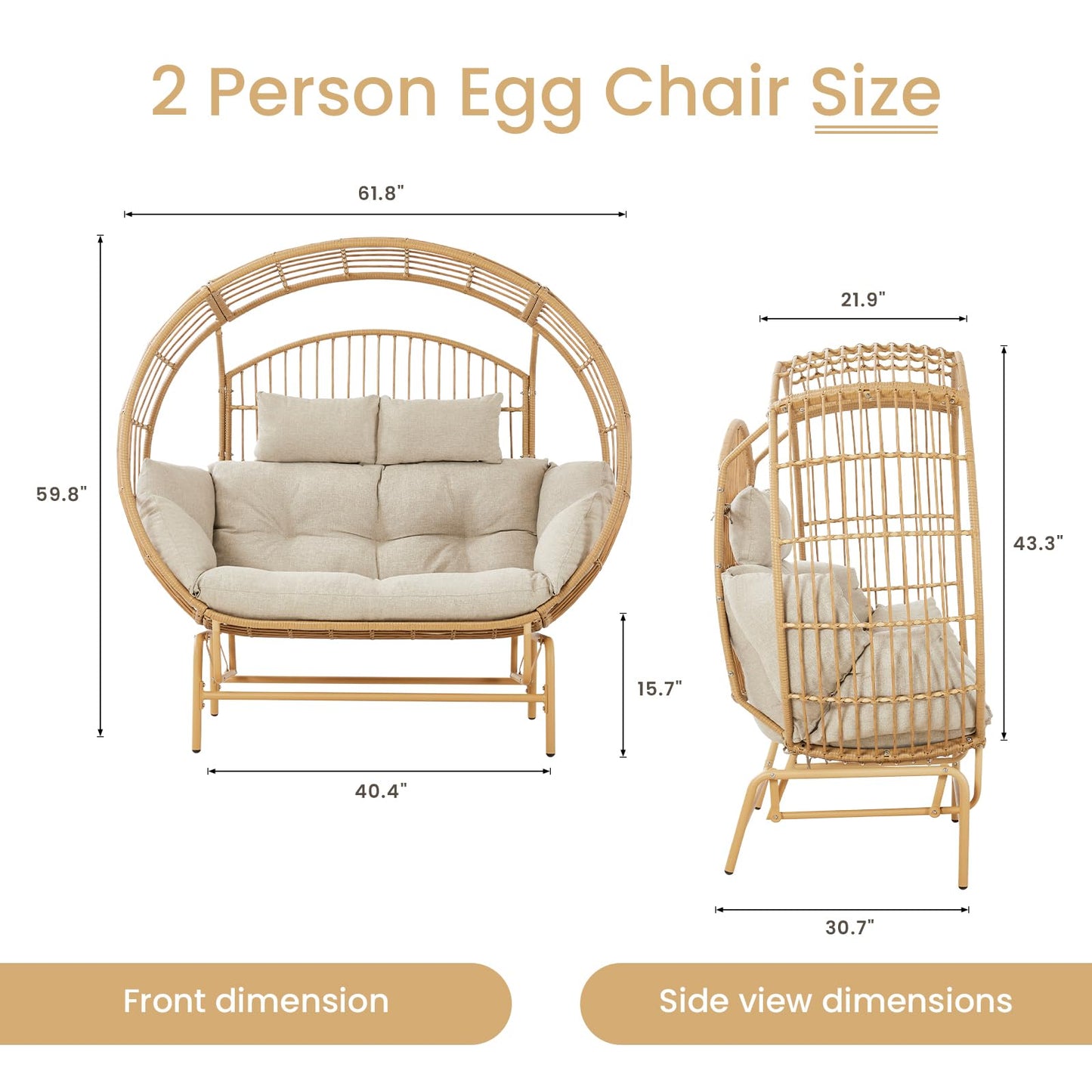 LUMIINOFAMI Outdoor Glider Egg Chair, Oversized 2 Person Egg Rocking Chair with Thick Cushions, Wicker Egg Chair Rattan Porch Furniture Loveseat Lounge Chair for Bedroom Sunroom Backyard(Yell - WoodArtSupply