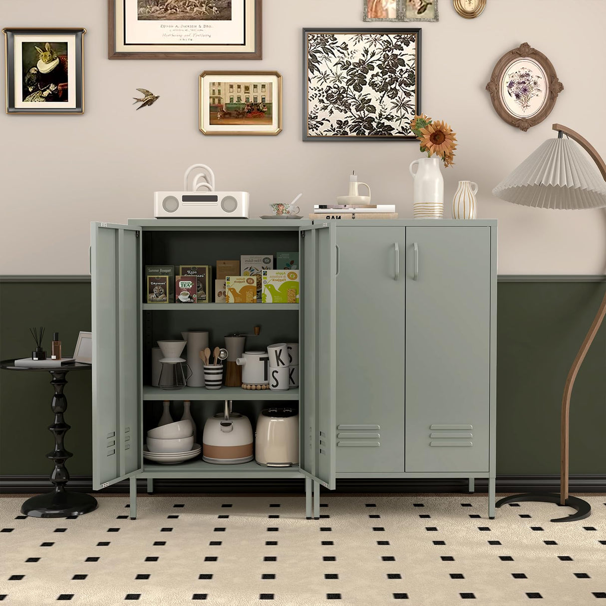 IRONFFICE Entryway Cabinet,Metal Locker Cabinet with Adjustable Shelves,Green Cabinets for Living Room,Kitchen,Outdoor IRONFFICE