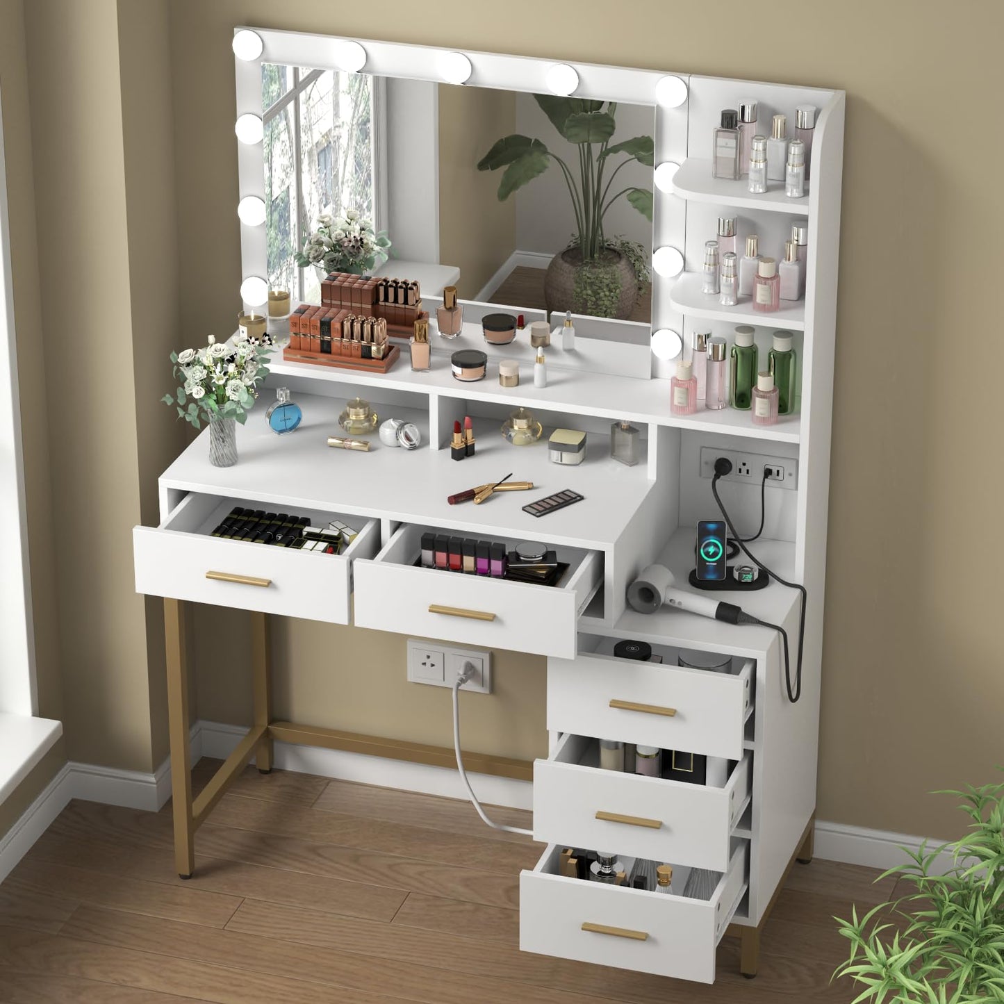 Loomie Vanity Desk with Lighted Mirror & Power Outlet, Makeup Table with 5 Drawers, Two Cubby & Shelf, Vanity Dresser with 11 Lights in 3 Lighting Colors for Bathroom, Bedroom,Makeup Room,Whi - WoodArtSupply