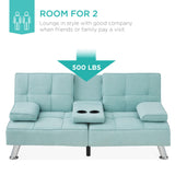 Best Choice Products Linen Modern Folding Futon, Reclining Sofa Bed for Apartment, Dorm w/Removable Armrests, 2 Cupholders - Aqua Best Choice Products