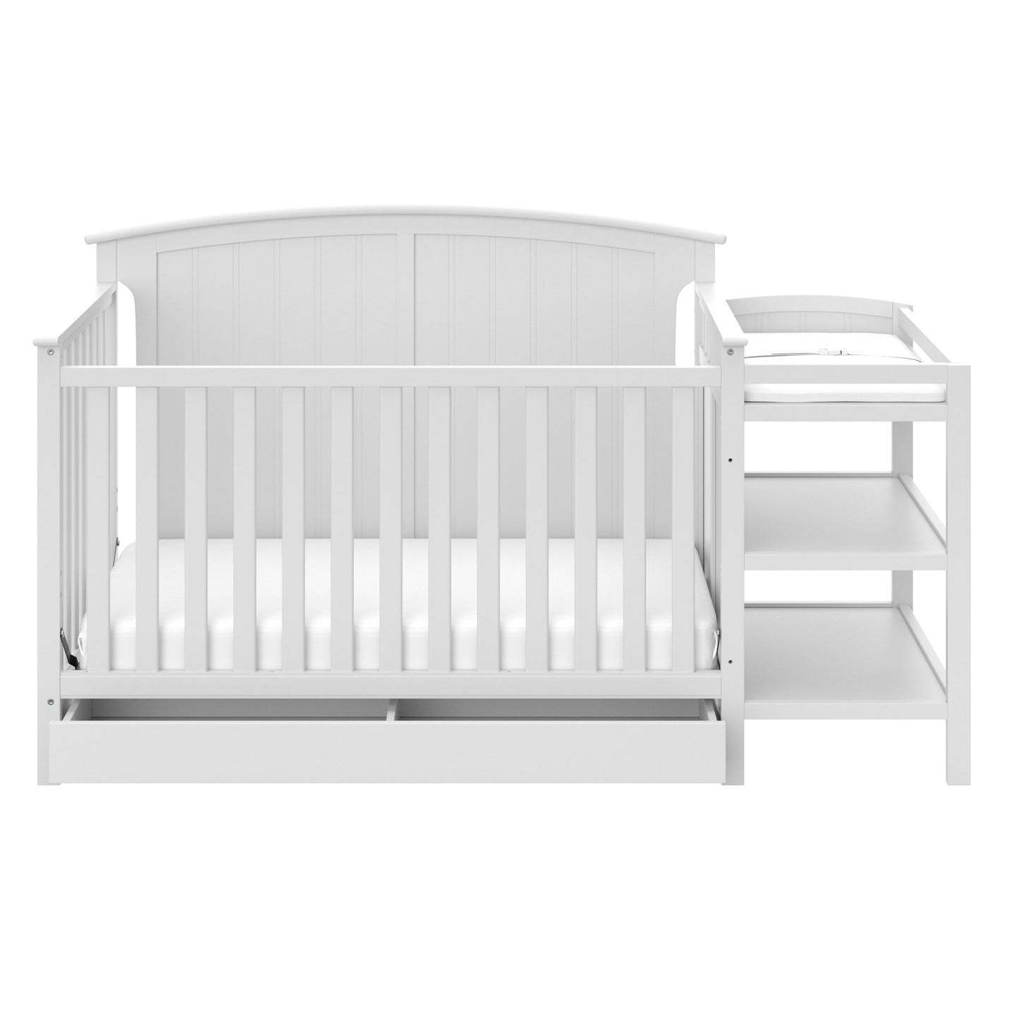 Storkcraft Steveston 5-in-1 Convertible Crib and Changer with Drawer (White) – GREENGUARD Gold Certified, Crib and Changing Table Combo with Drawer, Converts to Toddler Bed, Daybed and Full-S - WoodArtSupply