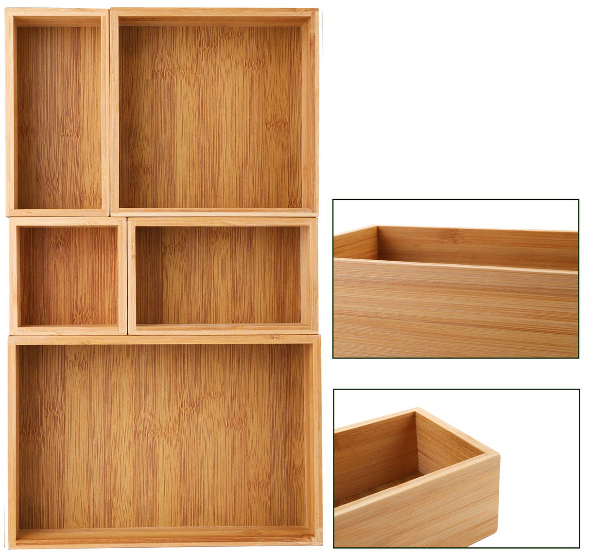 Lawei Set of 5 Bamboo Drawer Organizer Boxes, Desk Storage Box Kit, Drawer Storage Containers Tray Bins for Office, Kitchen, Bedroom, Children Room, Craft, Sewing Lawei