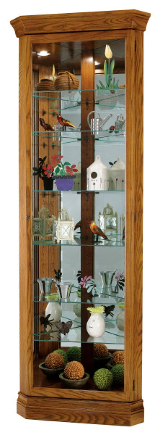 Howard Miller Dominic Corner Curio Cabinet 680-485 – Legacy Oak Finish, Vertical Home Decor, 6 Glass Shelves, 7 Level Display Case, No Reach Light, Locking Door