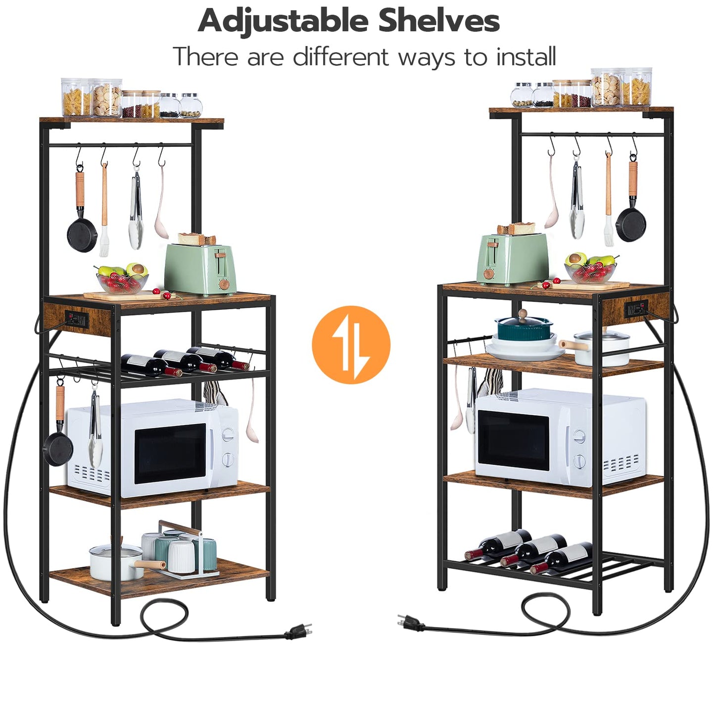 HOOBRO Kitchen Bakers Rack with Power Outlet, 5-Tier Coffee Bar with Adjustable Wine Rack, Microwave Stand with 10 S-Shaped Hooks, Kitchen Storage Shelf Rack, Rustic Brown BF60UHB01