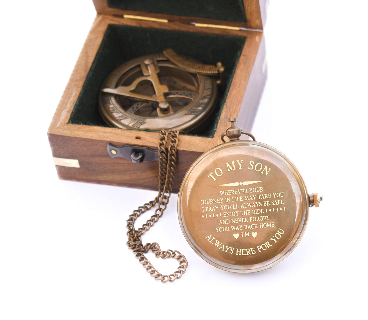 to My Son Compass - Personalized Sundial Compass with Case | Unique Gift for Son, Dad to Son Gift, Mom to Son Gift, Grandson Gift | Pocket Compass with Inspirational Engraving (Wooden Case) Khybex International
