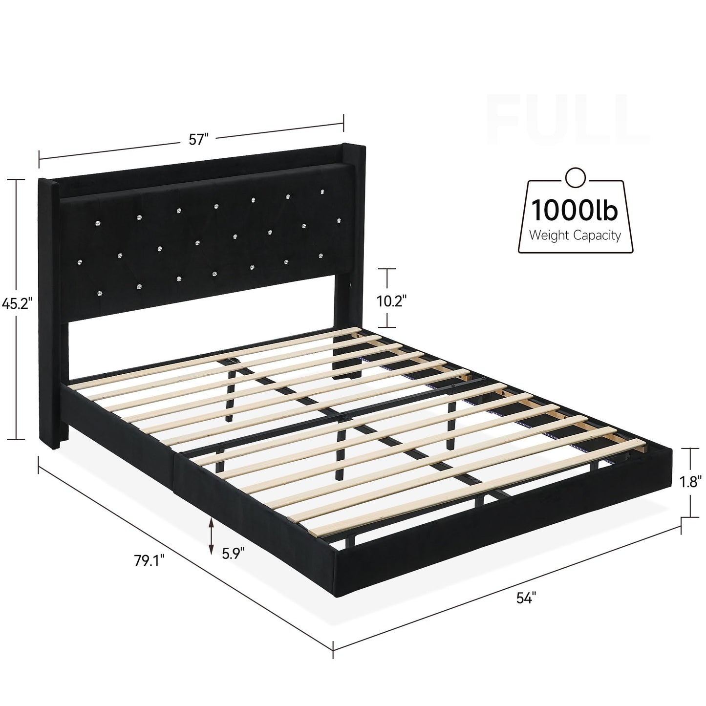 GarveeHome Full Size Floating Bed Frame with LED Lights and Wingback Storage Headboard, Black - WoodArtSupply