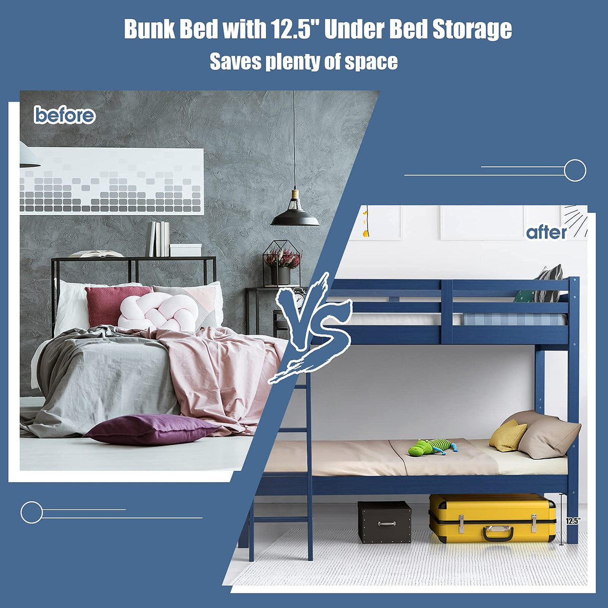 Costzon Twin-Over-Twin Wood Bunk Bed, 2-in-1 Convertible Space-Saving Bunk Bed for Bedroom Dorm Guest Room, Heavy Duty Bed Frame w/Inclined Ladder & Safety Guardrails for Kids Teens Adults (Navy) Costzon