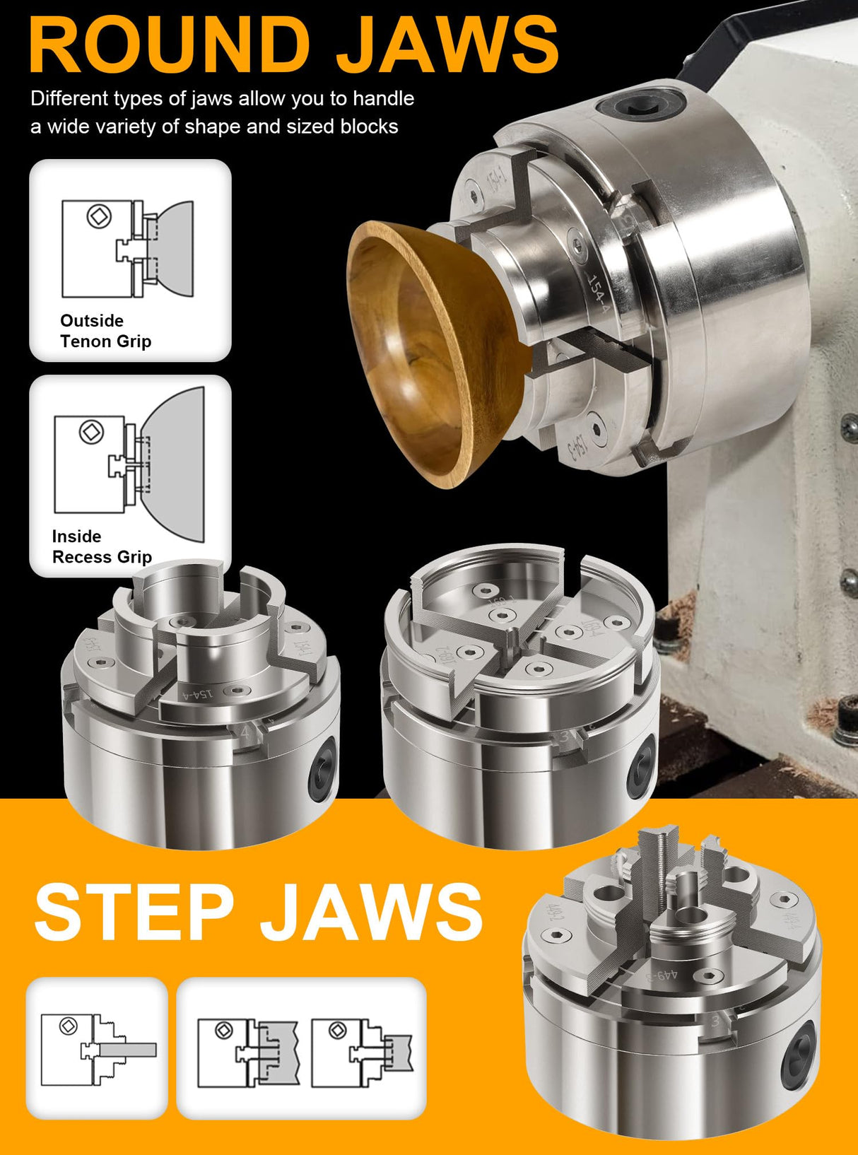 4 Inch Wood Lathe Chuck Set 1" x 8 tpi Thread & 3/4"x16 tpi Adapter, Self Centering 4 Jaw Wood Turning Chuck set with 3 frequently used types of Jaws Deargooday