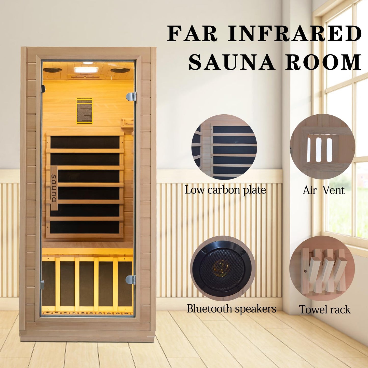 Indoor Far Infrared Sauna Room , Low EMF 5 Heating Panels 1400W Infrared Therapy for Personal Wooden Dry Sauna with Bluetooth Speakers LED Lamp 1 Person Home Spa for Christmas Valentine's Day Gift.