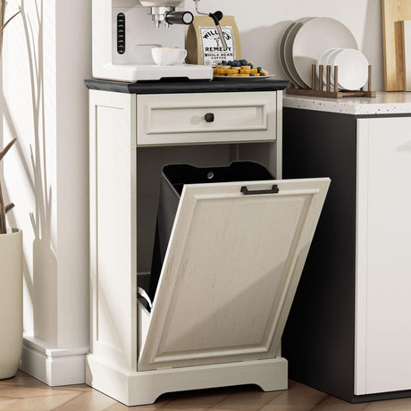 Spurgehom 13 Gallons Tilt Out Trash Cabinet Free Standing Kitchen Trash Garbage Bin Recycling Trash Cabinets with Hideaway Drawer Pet Proof Trash Can Holder for Kitchen, Antique White and Black Spurgehom