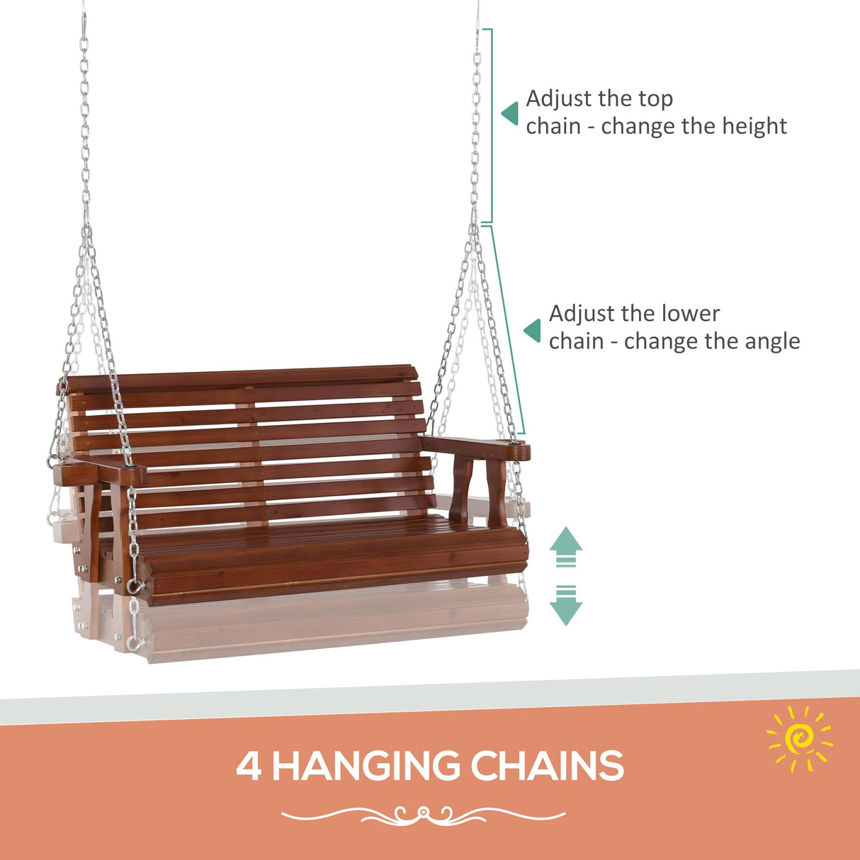Outsunny Porch Swing with Chains and Cupholders, 2 Person Wooden Patio Swing Chair, 440 lbs. Weight Capacity, for Garden, Poolside, Backyard, Brown Outsunny