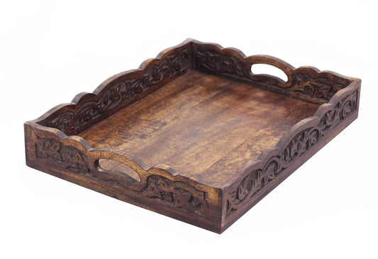 Hand Carved Wooden Serving Tray - Decorative Breakfast Tray with Handles - Rustic Wooden Food Tray with Intricate Detail - Unique Furnishing Accent - Natural Finish - 17 x 13 x 2.5 Inch - COTTON CRAFT