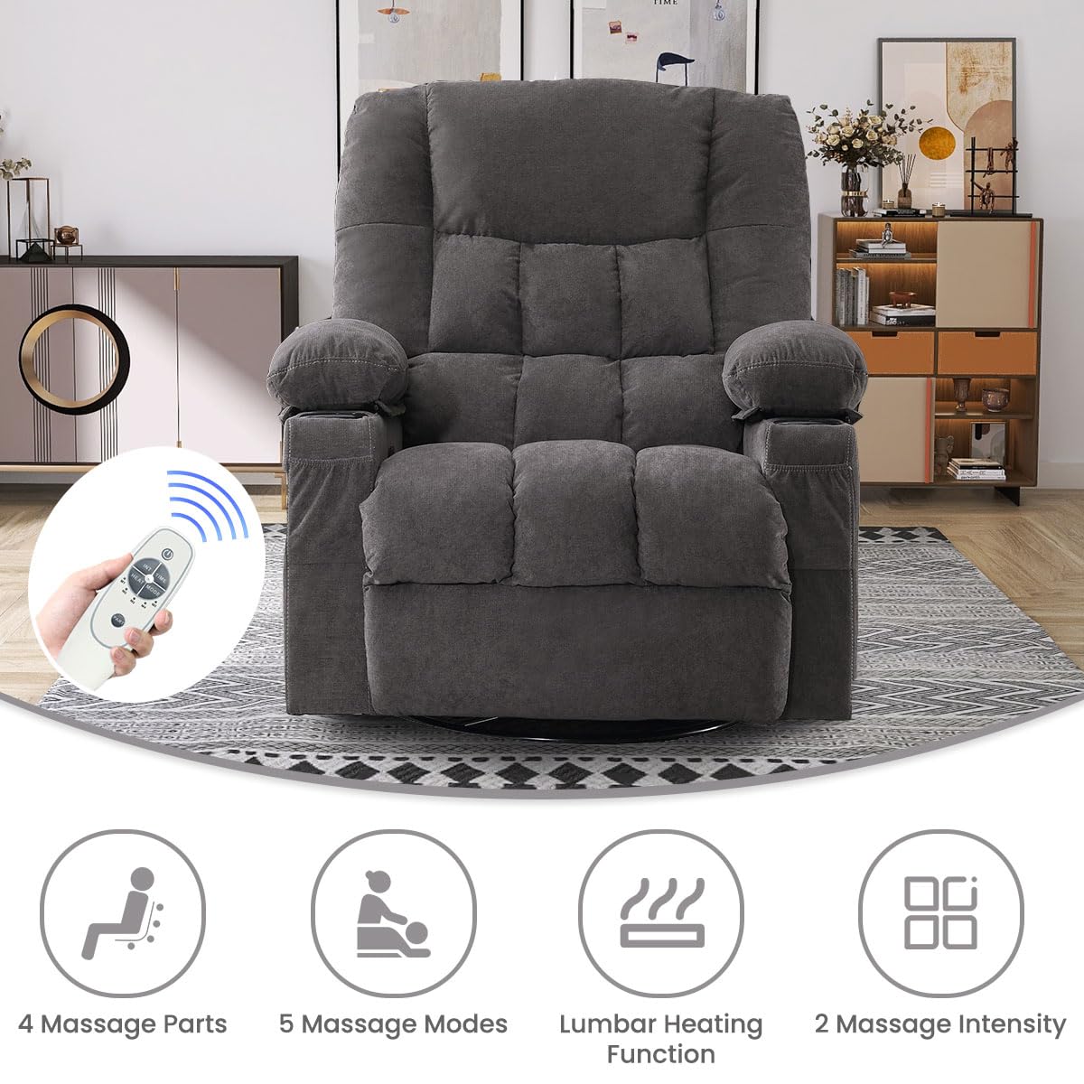 BOSMILLER Oversized Recliner Chair for Adults with Vibration Massage and Lumbar Heating Swivel Rocker Recliner with Cup Holder and USB Charge Port for Living Room BOSMILLER