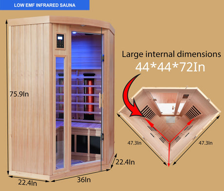 KUNSANA Ceramic Infrared Sauna 2 Person Far Infrared Sauna Low EMF Indoor Saunas for Home Hemlock Wooden Sauna Room with Bluetooth Speakers, LED Reading Lamps, Chromotherapy Lights KUNSANA