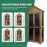 Ketive Outdoor Storage Cabinet – Weatherproof Wood & Metal Storage Shed with Adjustable Shelf, Lockable Doors, and Stability Features for Garden, Patio, and Backyard, 27 1/2”x 13”x 67” (Brown+Black) ketive